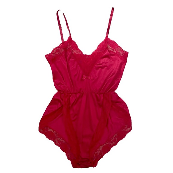 Vintage Other - Vintage 80s Red Nylon Satin Lace Trim High Cut Teddy - M